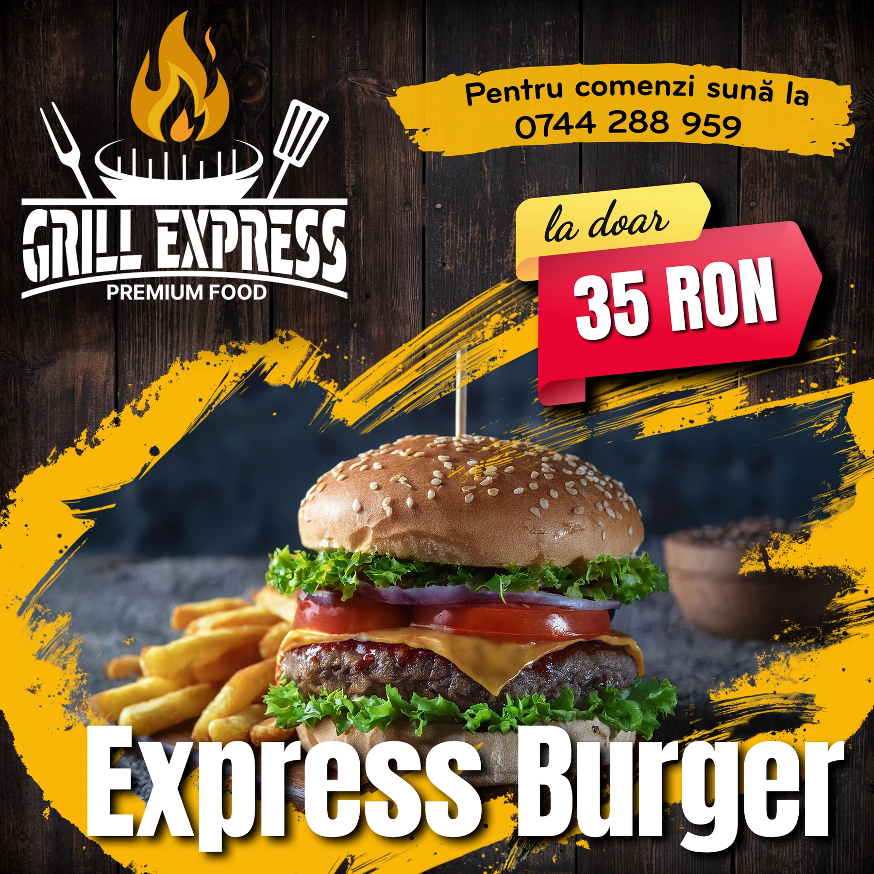 Afiș Grill Express cu burger, accent galben și fundal negru.