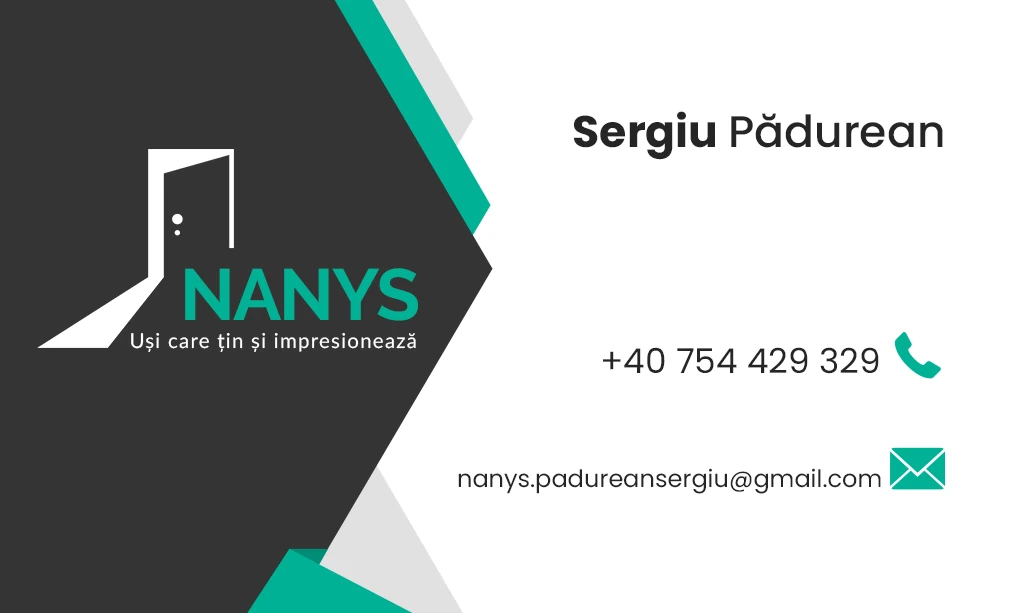 Carte de vizită Nanys cu forme geometrice negre și turcoaz.