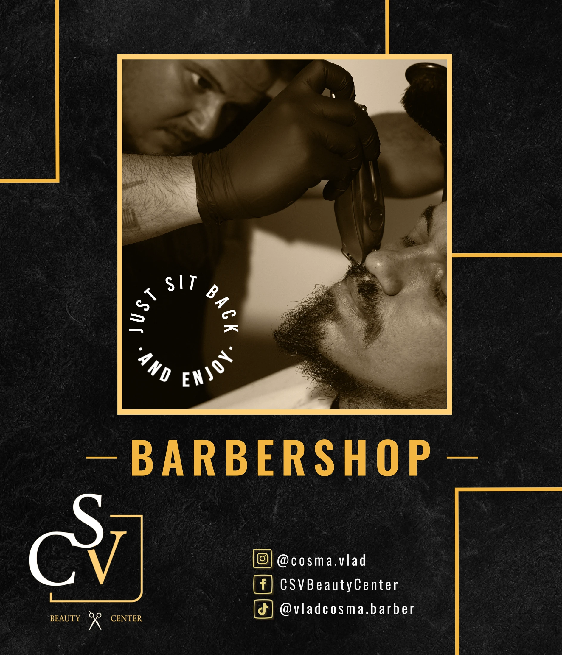 Banner CSV Beauty Center în identitate negru și auriu